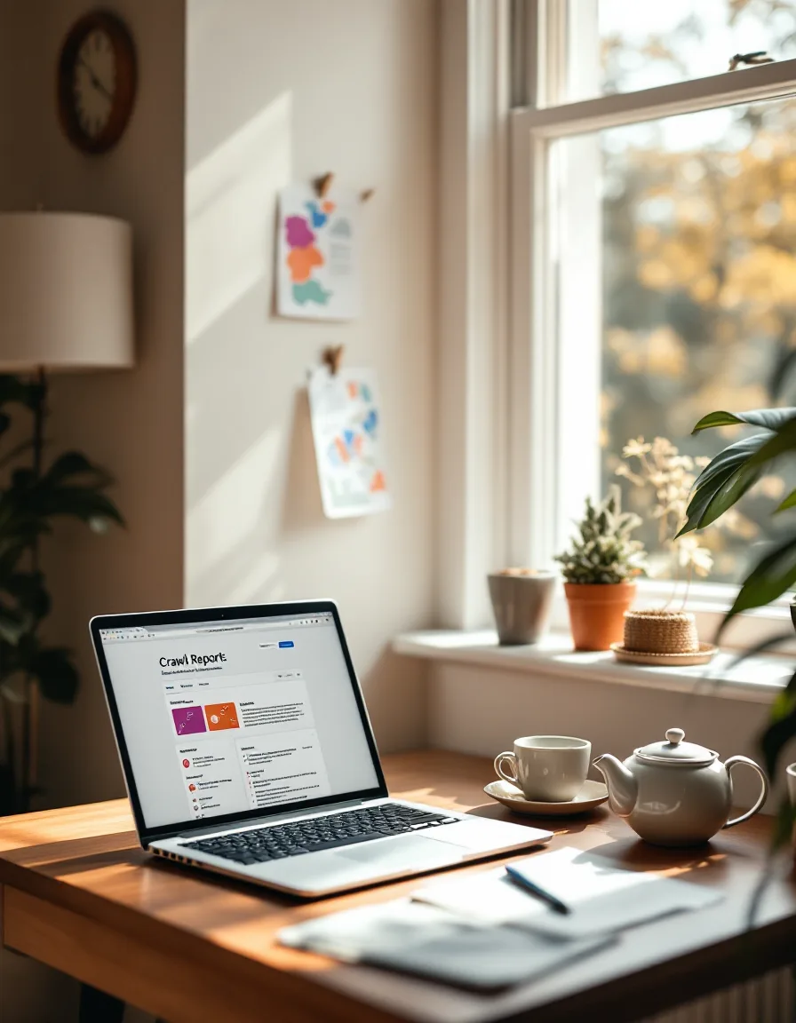 A sunlit front-room desk with a laptop, teapot and printed site maps