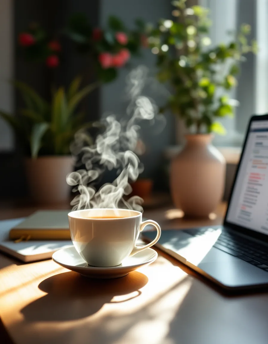A teacup and open notebook beside a laptop on a sunlit desk, ready for a new conversation
