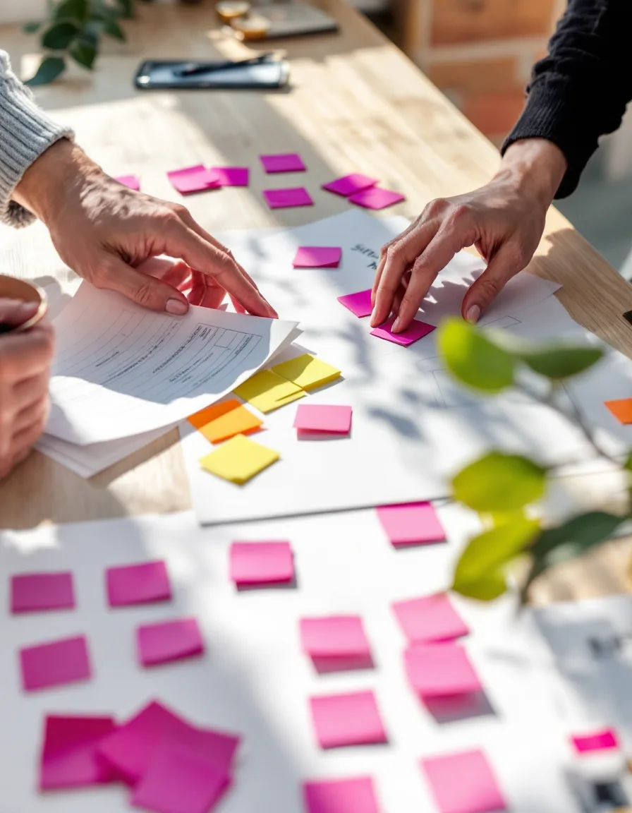 Printed site maps and sticky notes arranged on a light wooden table